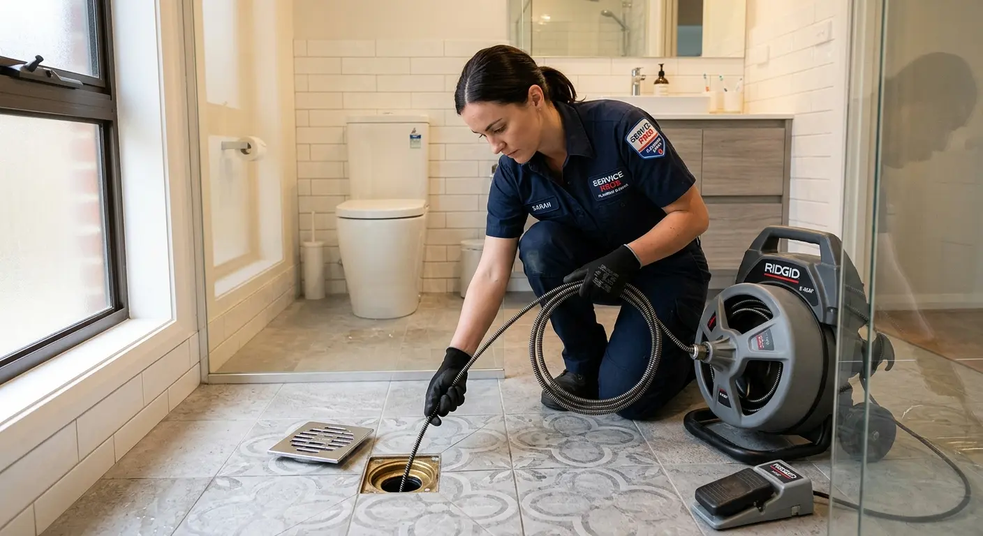 Technician clearing a bathroom floor drain for Sewer Line Installation in Pittsfield